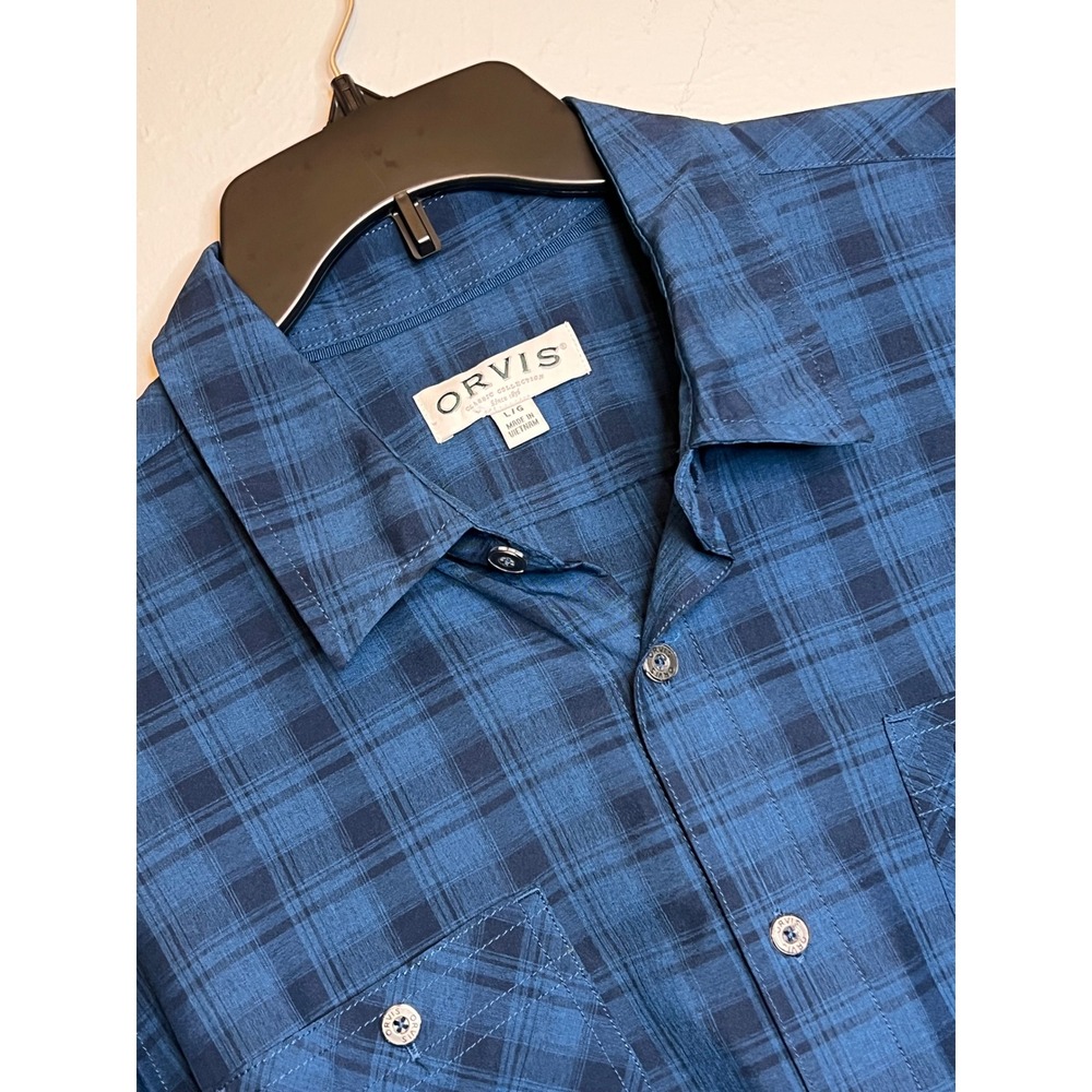 Orvis Classic Collection Mens Large Blue Plaid Short Sleeve Button Down Shirt